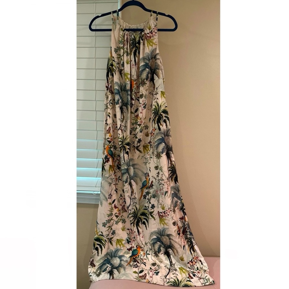 H&M Tropical Beige Green Satin Maxi Dress Halter Neck Size 2 XS/S